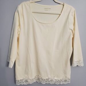 Coldwater Creek Cream Lace Trim Knit Top 3/4 Sleeve Feminine Sz L NWOT